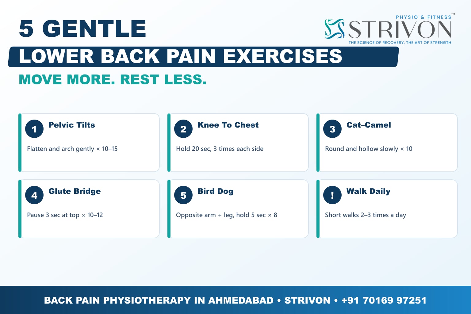 Lower back pain exercises - 5 safe exercises for back pain and sciatica from Strivon physiotherapists