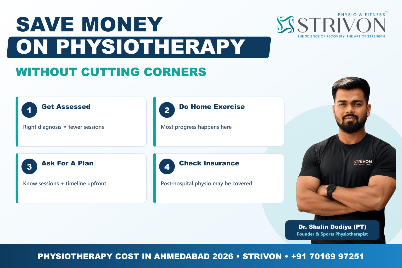 How to save money on physiotherapy cost in India - get assessed, home exercise, ask for a plan, check insurance